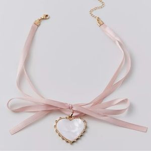 Rhinestone Pearly Iridescent Heart Ribbon Necklace